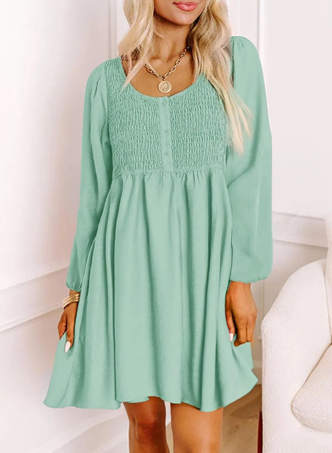 Dokotoo Womens 2025 Casual Dress Smocked Crewneck Button Up Long Sleeve Empire Waist A-Line Mini Dress