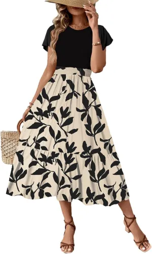 Dokotoo Women's Summer 2025 Maxi Dress Crewneck Short Sleeve Casual Floral Print Long Flowy Dresses
