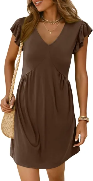 Dokotoo Women's Summer Dresses Beach 2025 Casual Deep V Neck Loose Sundress Ruffle Sleeve Mini Dress