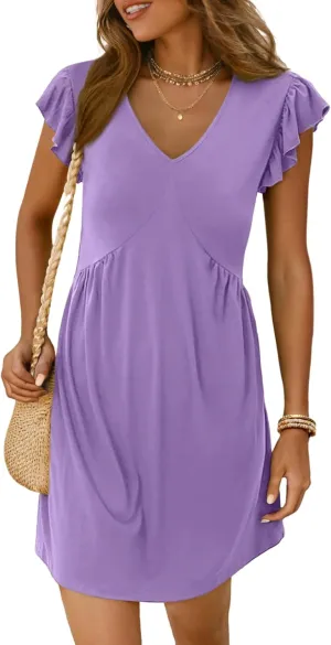 Dokotoo Women's Summer Dresses Beach 2025 Casual Deep V Neck Loose Sundress Ruffle Sleeve Mini Dress