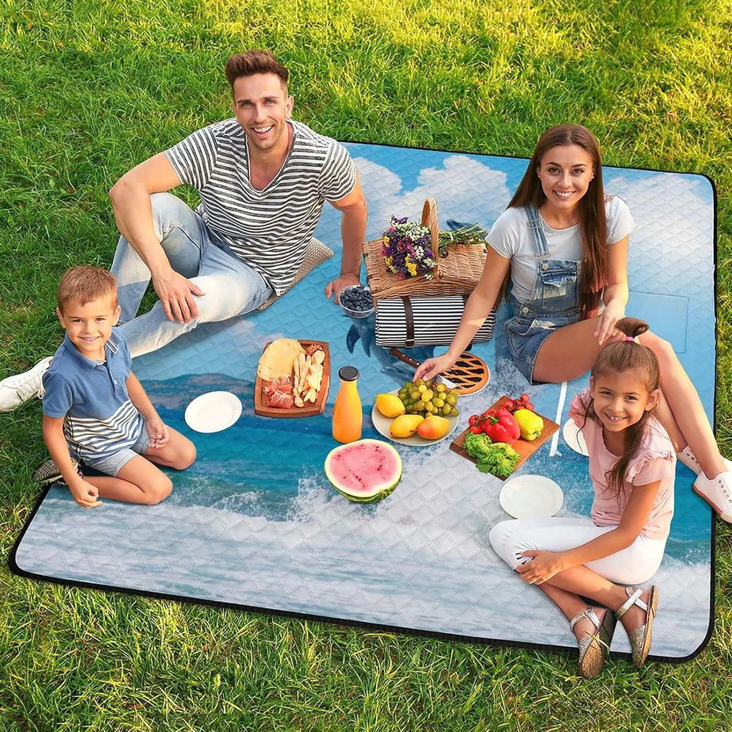 Dolphins Jumping on The Water Picnic Blanket with Carry Strap Foldable Lightweight Waterproof Sand Mat for Outdoor Camping Summer Beach Mat200x200cm