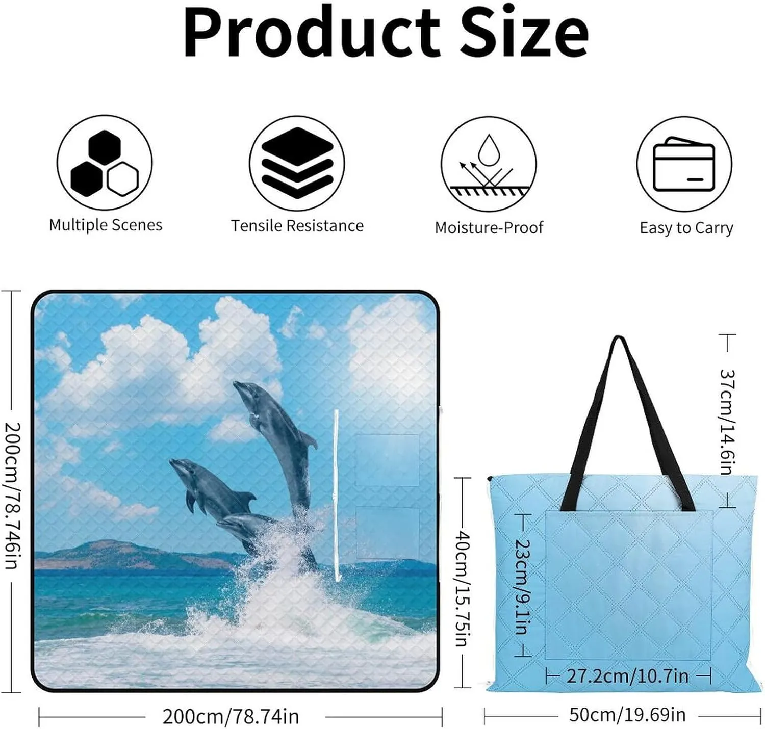 Dolphins Jumping on The Water Picnic Blanket with Carry Strap Foldable Lightweight Waterproof Sand Mat for Outdoor Camping Summer Beach Mat200x200cm