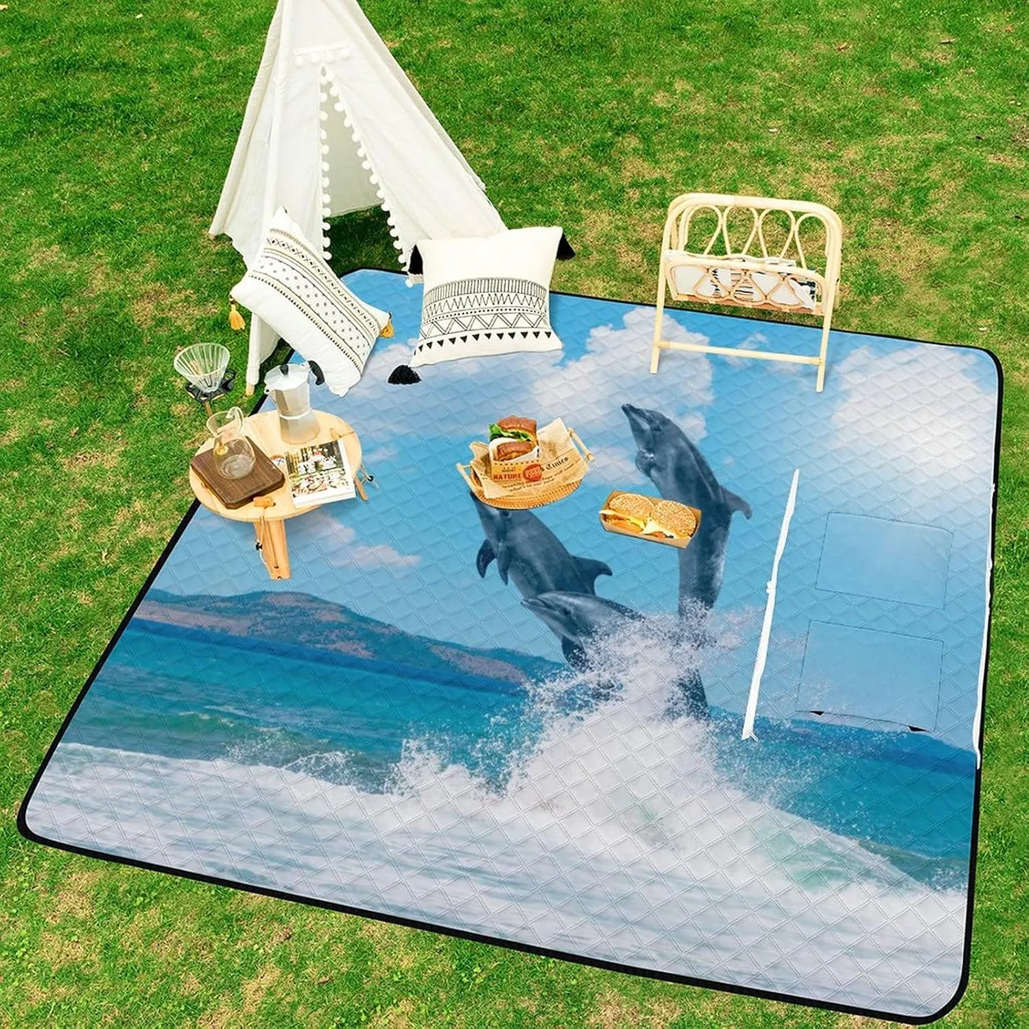 Dolphins Jumping on The Water Picnic Blanket with Carry Strap Foldable Lightweight Waterproof Sand Mat for Outdoor Camping Summer Beach Mat200x200cm