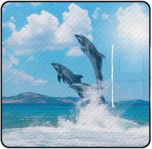 Dolphins Jumping on The Water Picnic Blanket with Carry Strap Foldable Lightweight Waterproof Sand Mat for Outdoor Camping Summer Beach Mat200x200cm