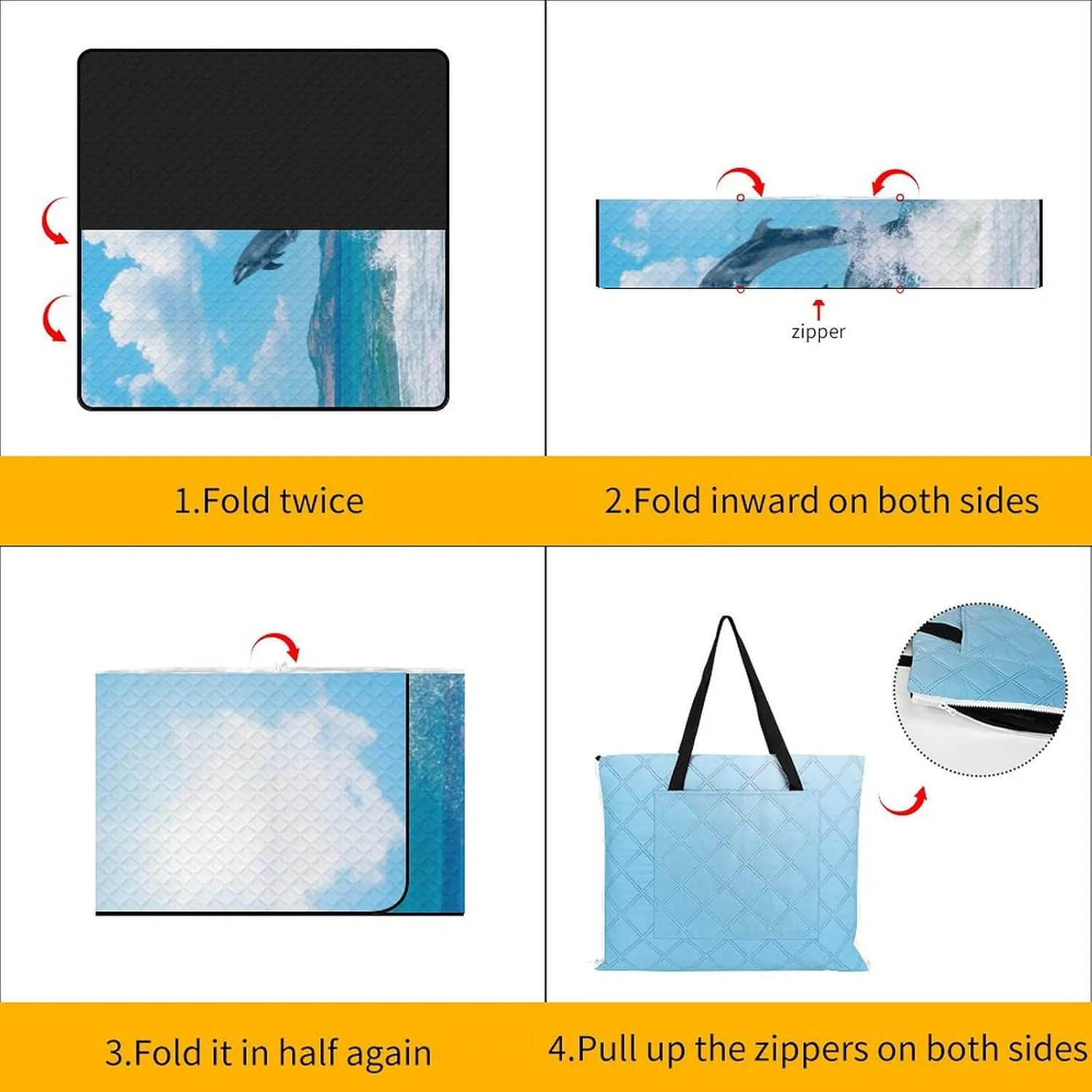Dolphins Jumping on The Water Picnic Blanket with Carry Strap Foldable Lightweight Waterproof Sand Mat for Outdoor Camping Summer Beach Mat200x200cm