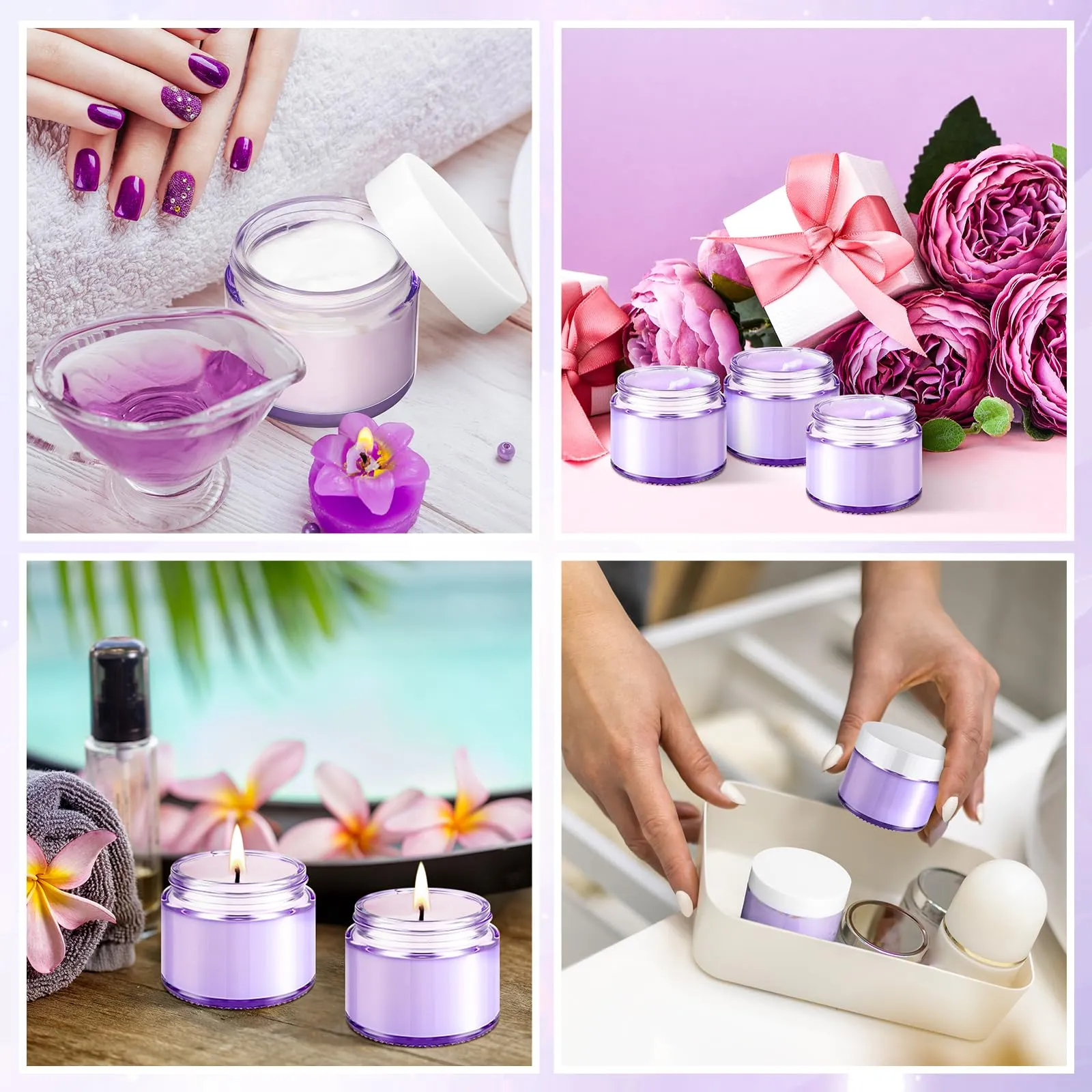 Domensi 48 Pcs 2 oz Glass Jars with Lids Travel Size Leakproof Round Airtight Empty Cosmetic Jars with Inner Liners Lid for Storing Lotions Powders Ointments Sample Cream Candle (Transparent Purple)
