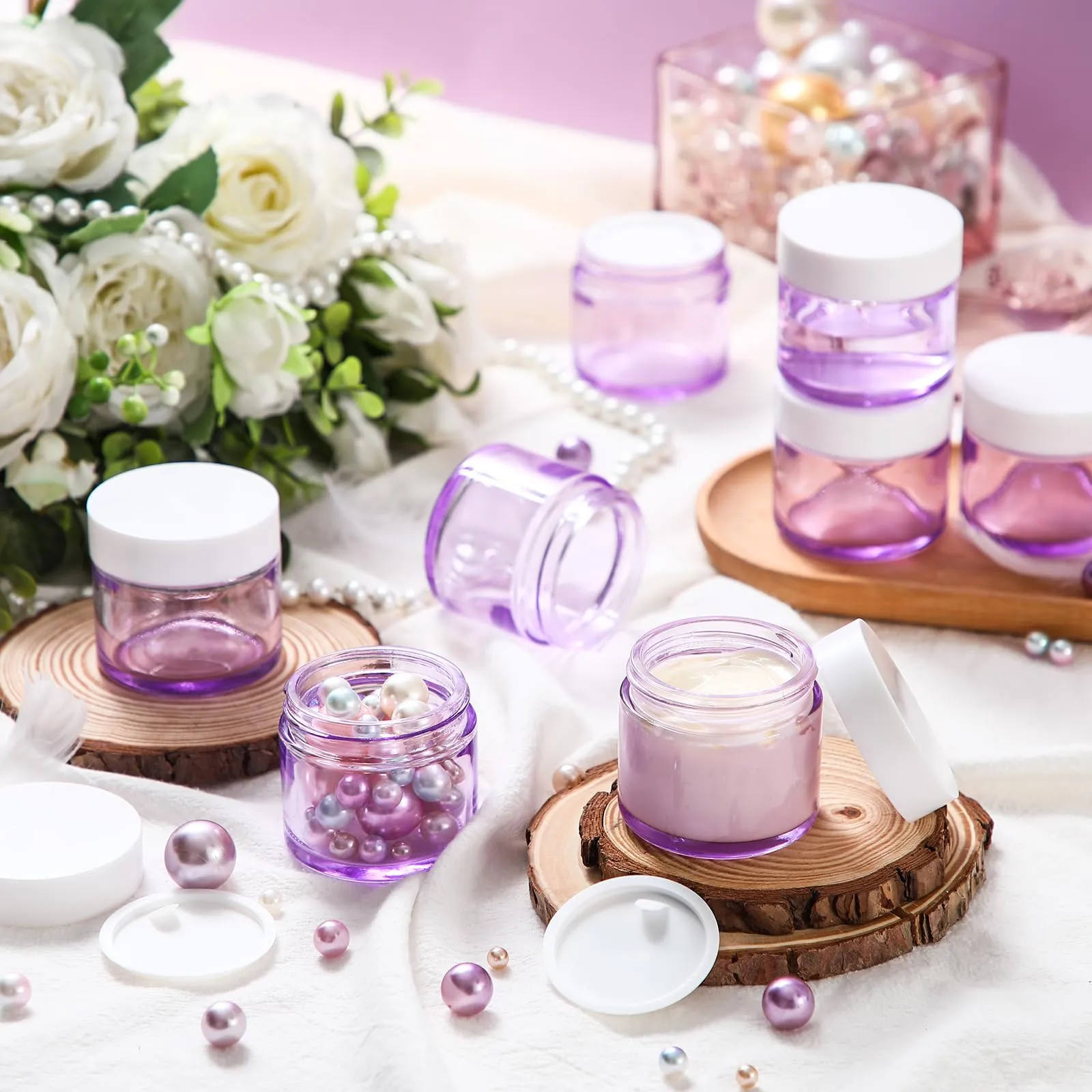 Domensi 48 Pcs 2 oz Glass Jars with Lids Travel Size Leakproof Round Airtight Empty Cosmetic Jars with Inner Liners Lid for Storing Lotions Powders Ointments Sample Cream Candle (Transparent Purple)