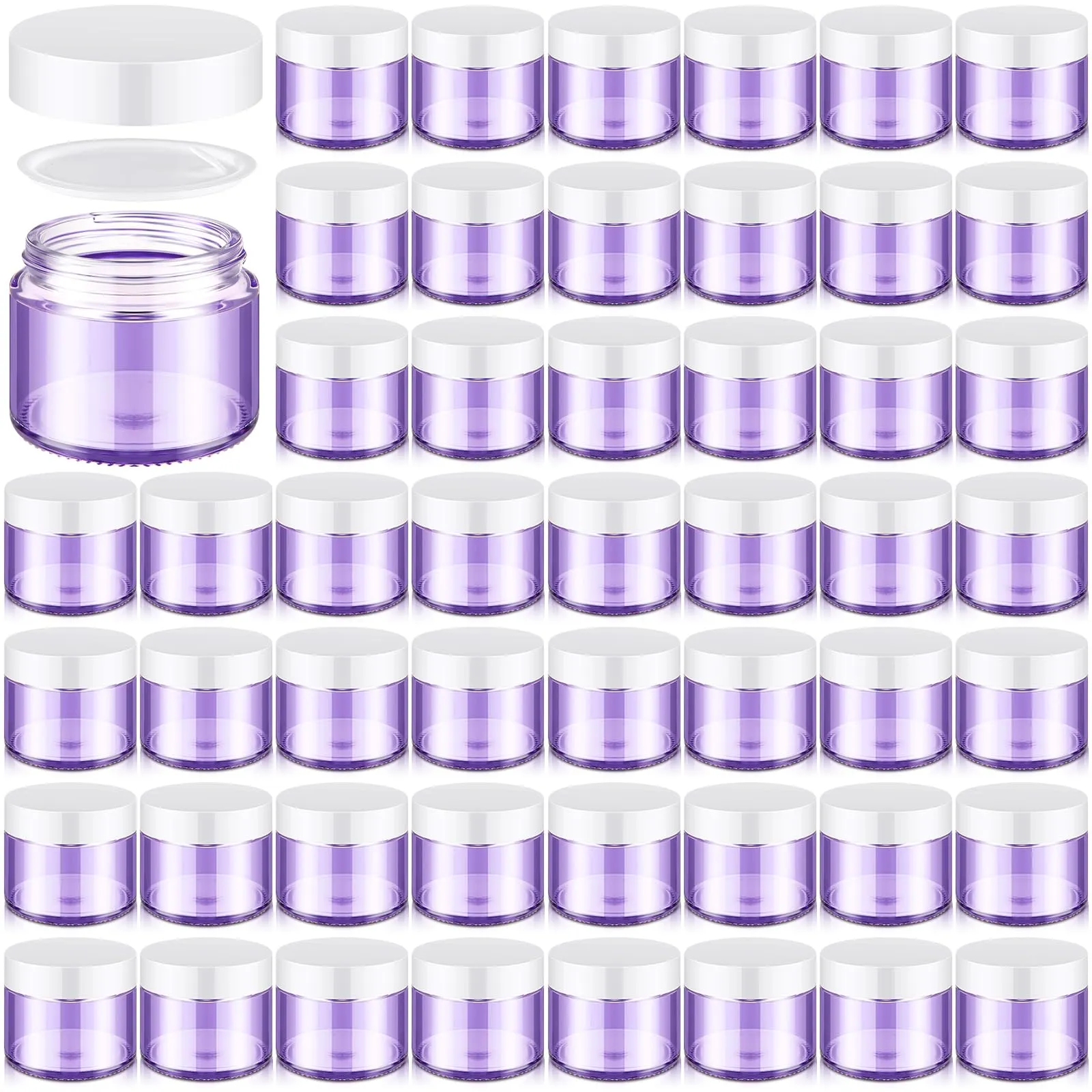 Domensi 48 Pcs 2 oz Glass Jars with Lids Travel Size Leakproof Round Airtight Empty Cosmetic Jars with Inner Liners Lid for Storing Lotions Powders Ointments Sample Cream Candle (Transparent Purple)