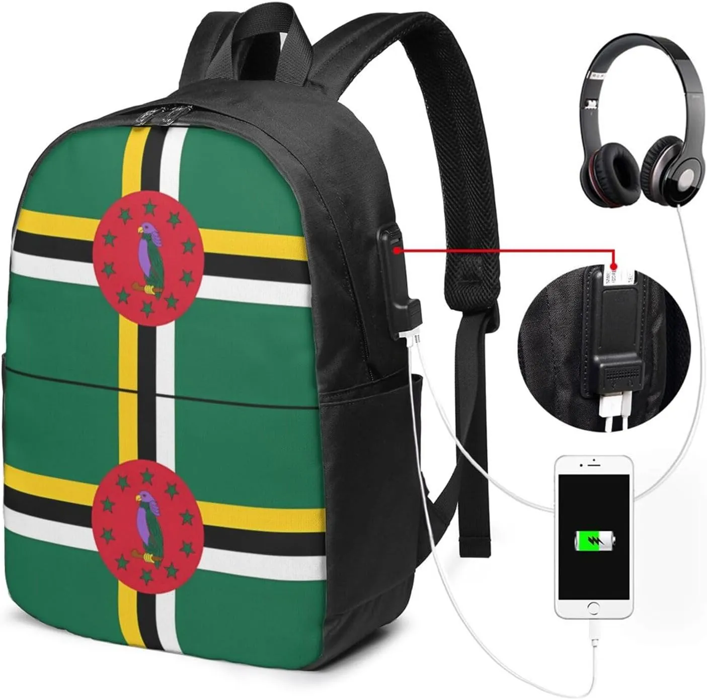 Dominica Flag Travel Backpack 17-Inch Laptop Backpacks Business Rucksack Casual Sport Daypack with USB Charging Port Carry-on Bag for Camping Biking