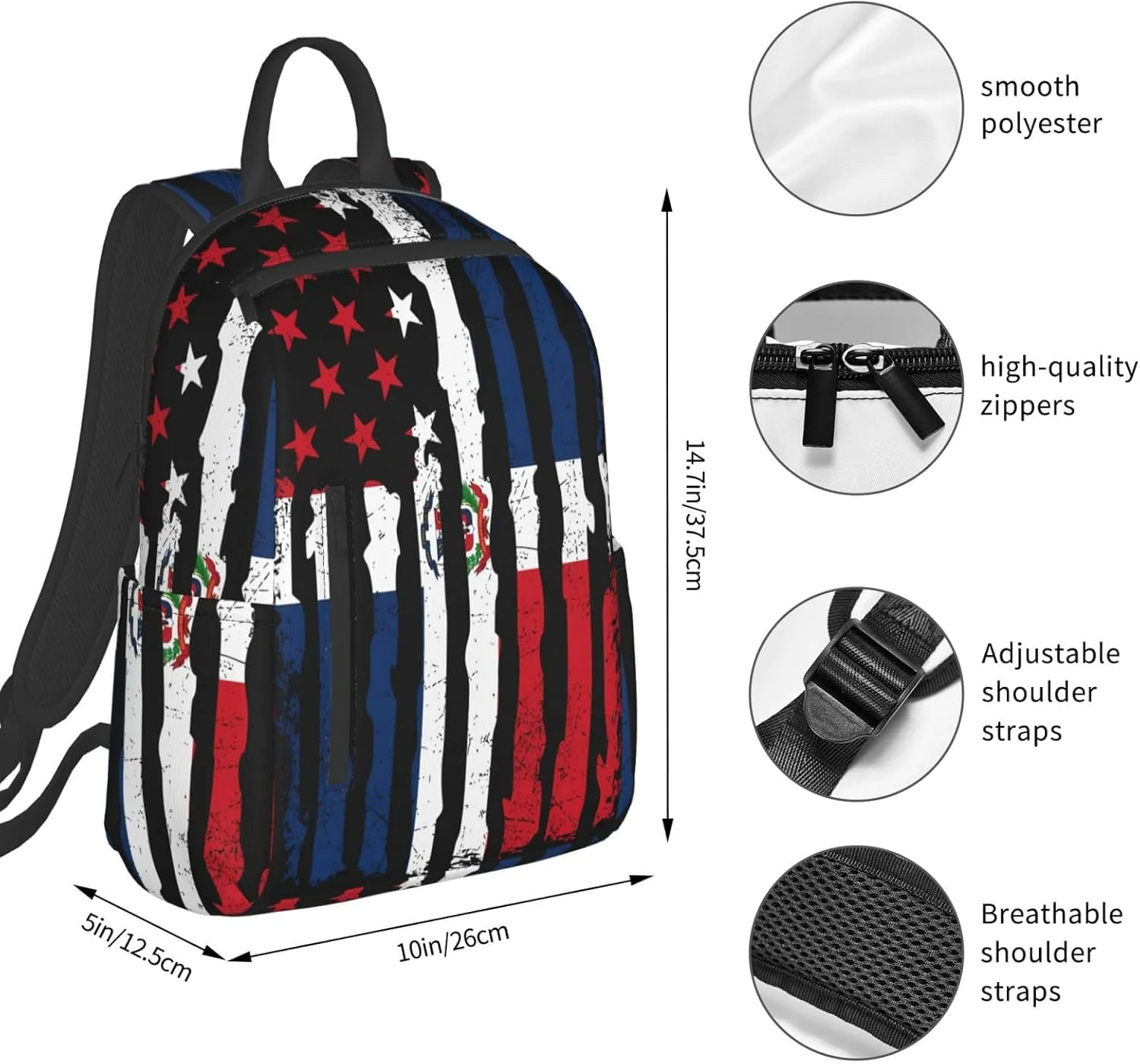 Dominican Roots American Pride Flag Casual Backpacks Large Capacity Laptop Backpack Sports Fitness Rucksack Travel Carry-On Daypack Work Bag for Outdoor Camping