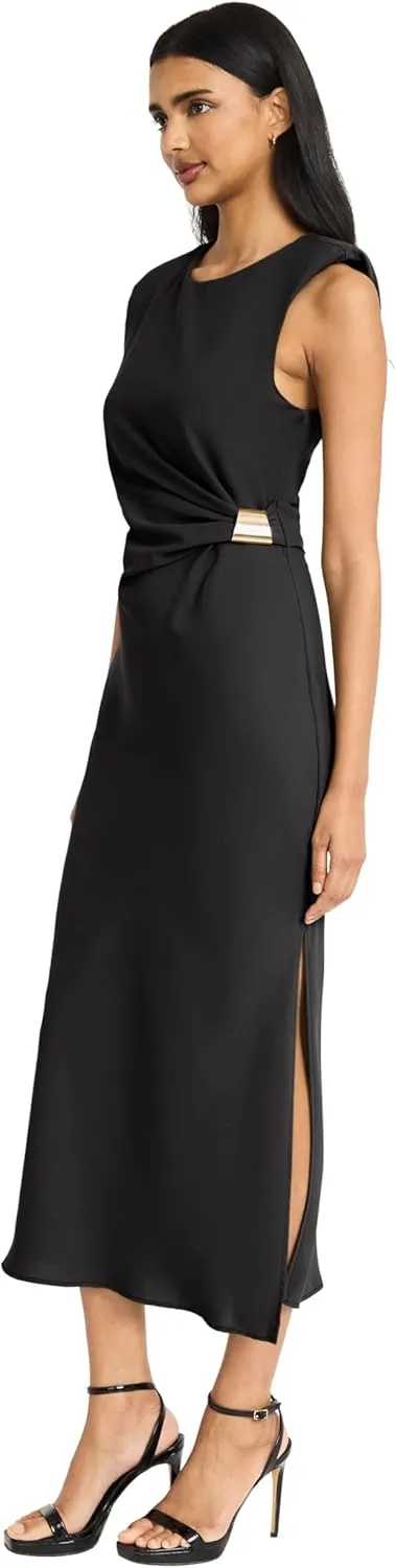 Donna Morgan Women's Sleeveless Gathered Side Midi Metallic Hardware Accent with Keyhole Back-Elegant Formal Evening Dress
