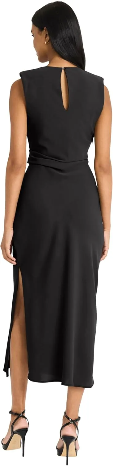 Donna Morgan Women's Sleeveless Gathered Side Midi Metallic Hardware Accent with Keyhole Back-Elegant Formal Evening Dress