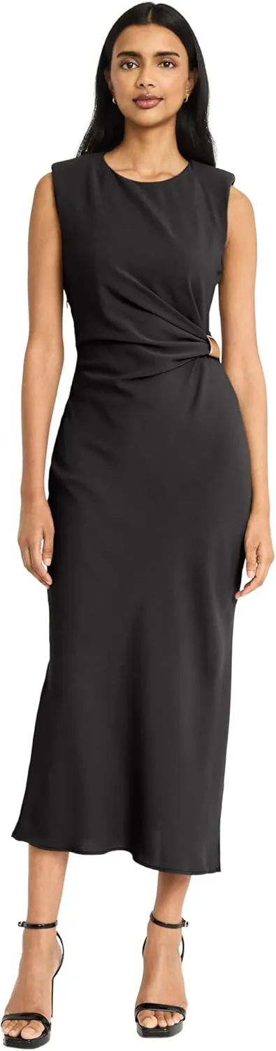 Donna Morgan Women's Sleeveless Gathered Side Midi Metallic Hardware Accent with Keyhole Back-Elegant Formal Evening Dress