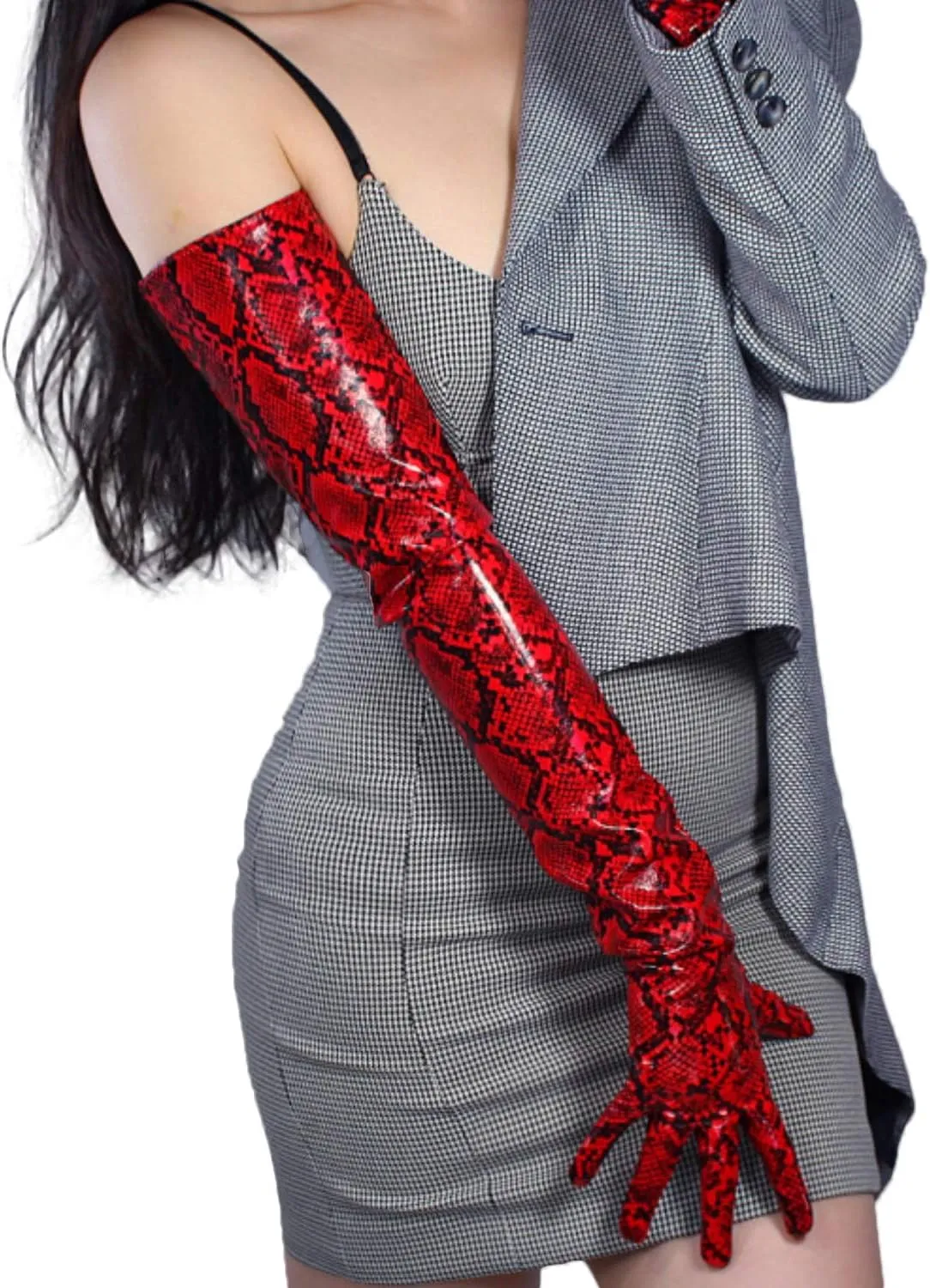 DooWay Extra Long Leather Gloves Women Metallic Print Faux Patent Opera Evening Gloves
