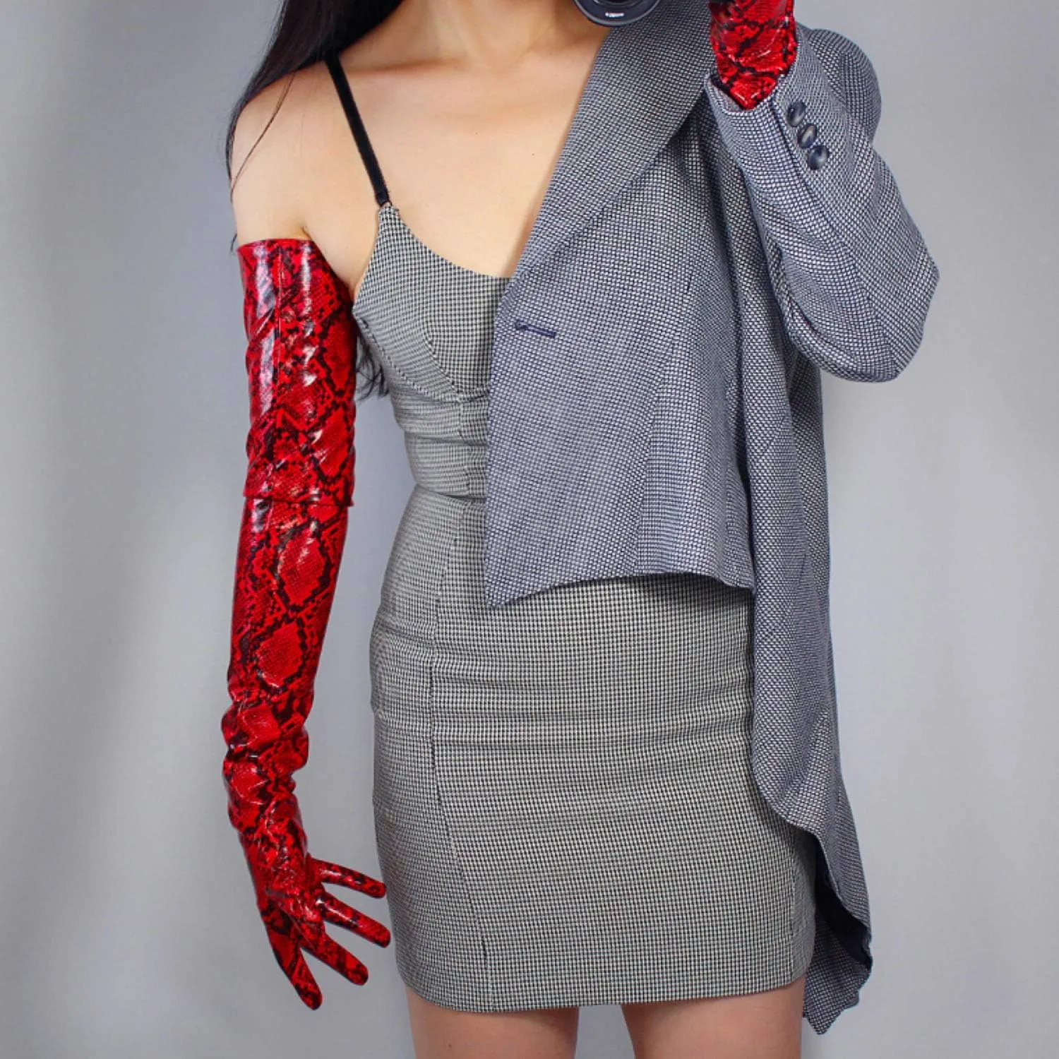 DooWay Extra Long Leather Gloves Women Metallic Print Faux Patent Opera Evening Gloves