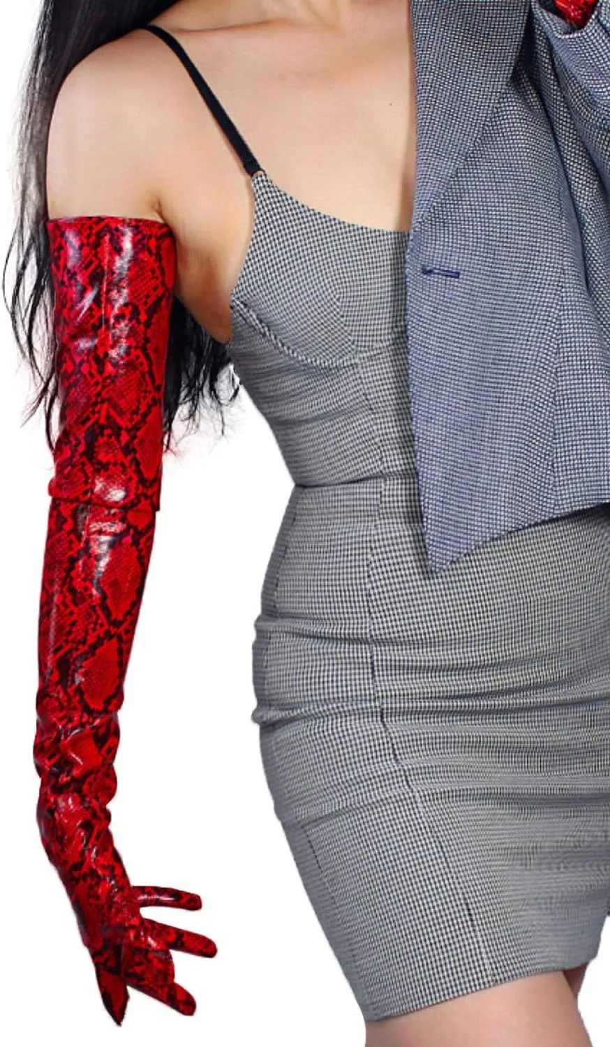 DooWay Extra Long Leather Gloves Women Metallic Print Faux Patent Opera Evening Gloves