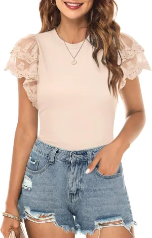 DOROSE Womens Tops Lace Ruffle Sleeve Summer Tshirts Blouse Trendy