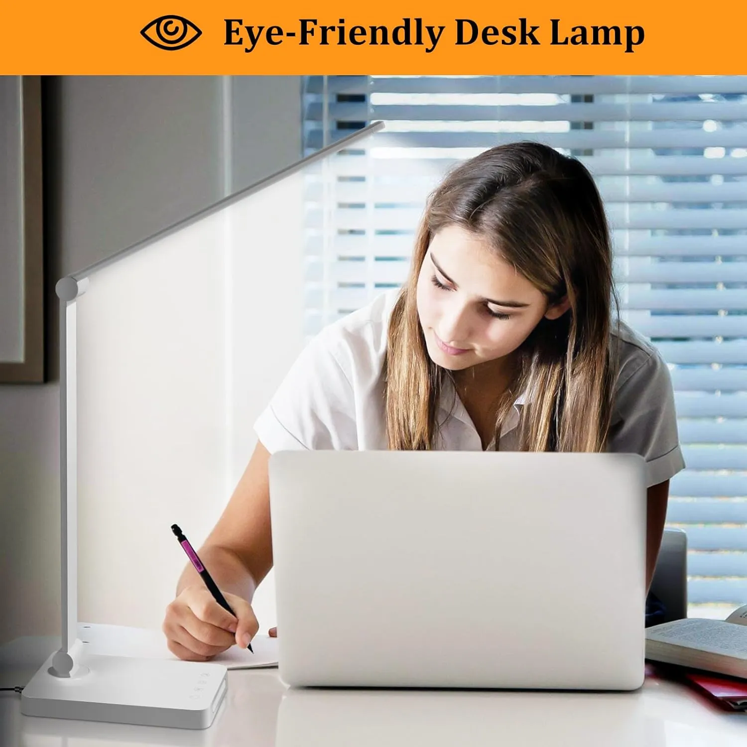 Dott Arts LED Desk Lamp with USB Ports, Touch Control, 5 Color Modes, 3 Brightness Levels, Foldable Design, White