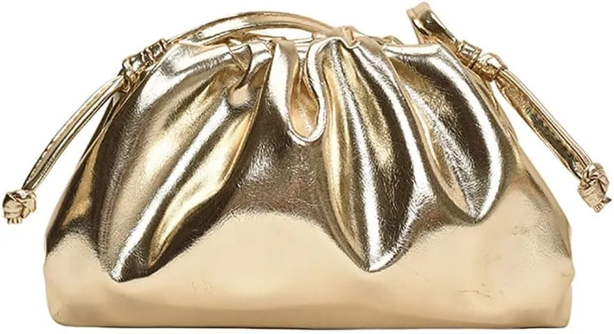 Dressy Vegan Leather Metallic Ruched Clutch Purse for Women Pleated Evening Bag for Wedding Party Prom