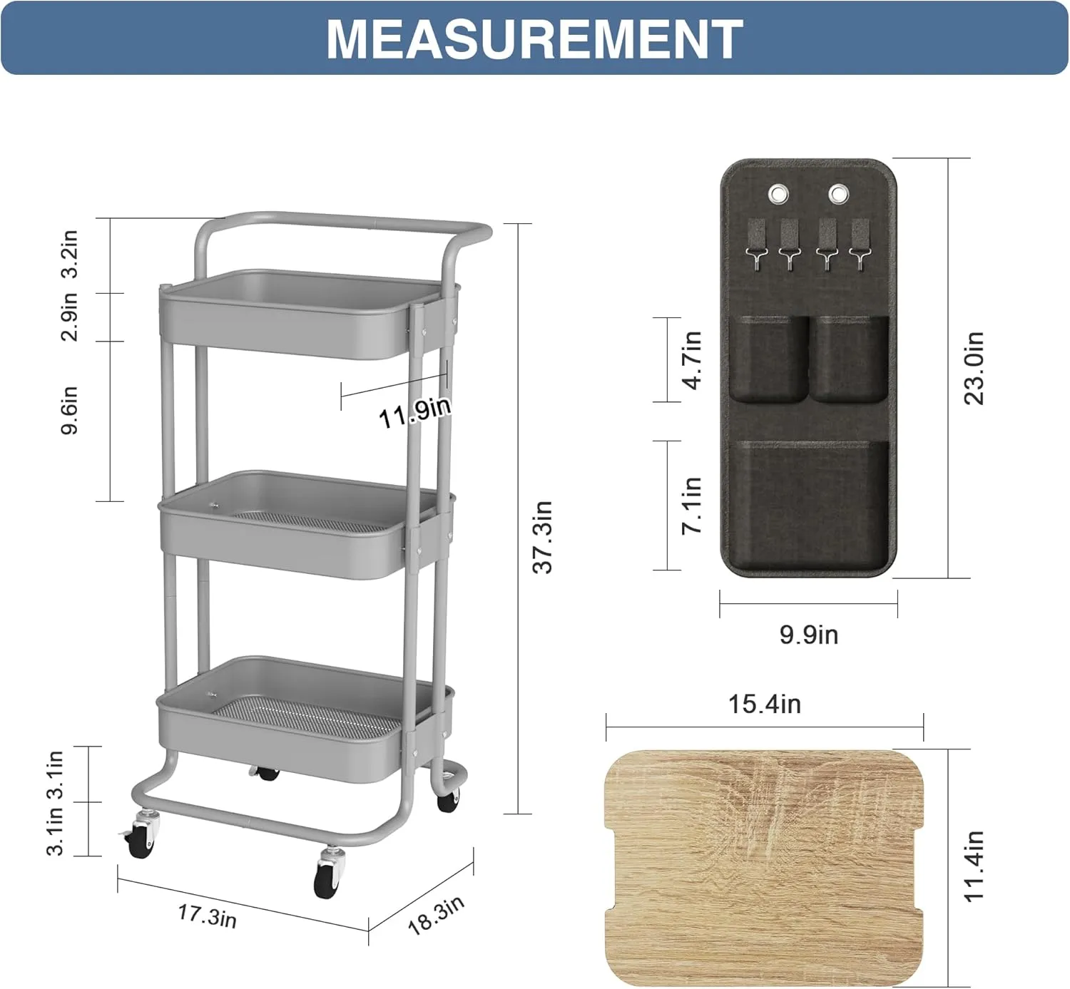 DTK 3 Tier Metal Utility Rolling Cart with Table Top and Side Bags, Tray Storage Organizer Wheels, Art Craft 4 Hooks for Kitchen Bathroom Office Living Room(Grey)