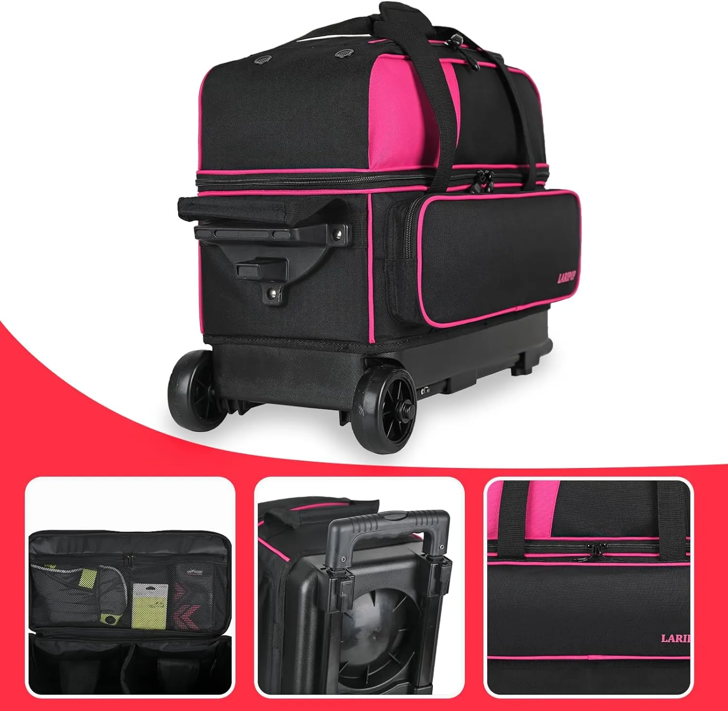 Dual Roller 2-Ball Bowling Bag, Featuring a Separate Large Shoe Compartment Capable, a 3-Section Telescopic Handle that Extends Up to 40"