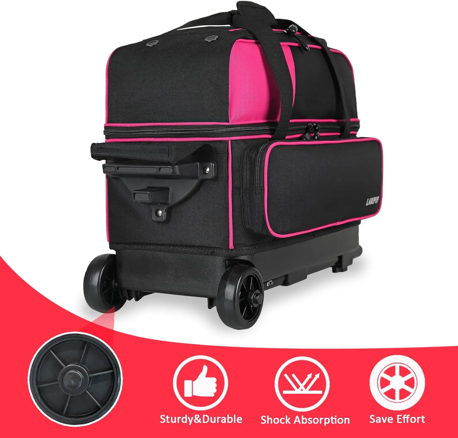 Dual Roller 2-Ball Bowling Bag, Featuring a Separate Large Shoe Compartment Capable, a 3-Section Telescopic Handle that Extends Up to 40"