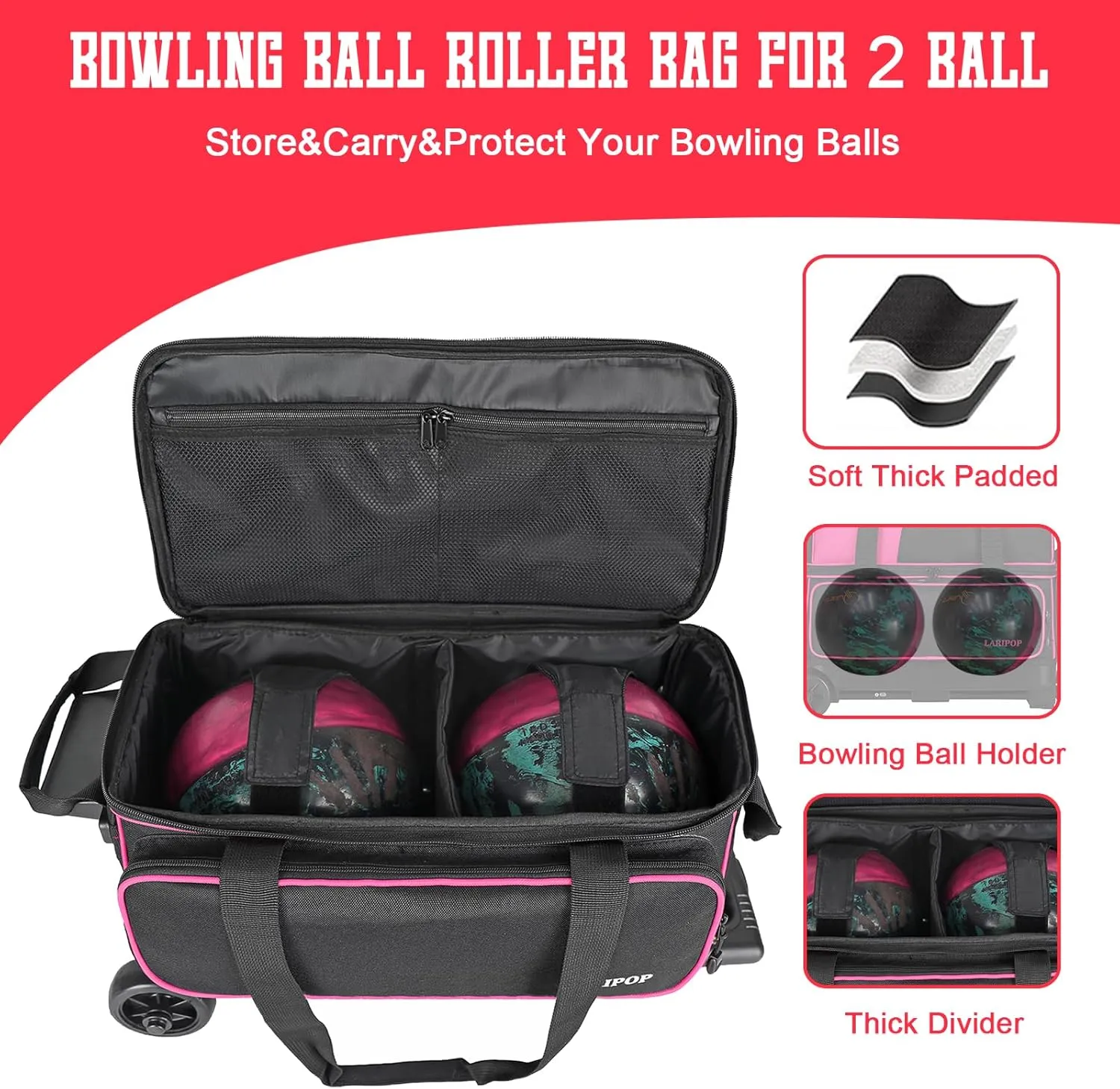 Dual Roller 2-Ball Bowling Bag, Featuring a Separate Large Shoe Compartment Capable, a 3-Section Telescopic Handle that Extends Up to 40"
