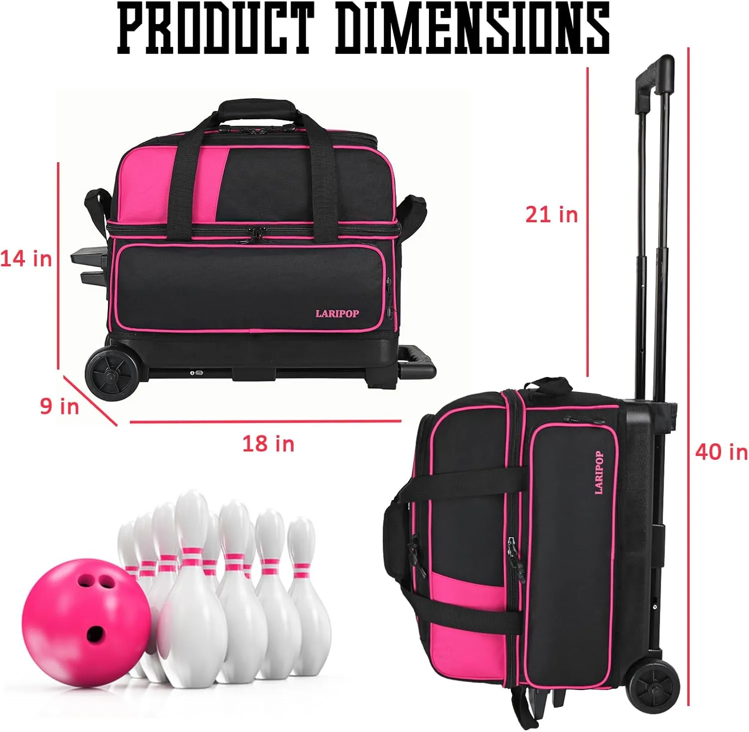 Dual Roller 2-Ball Bowling Bag, Featuring a Separate Large Shoe Compartment Capable, a 3-Section Telescopic Handle that Extends Up to 40"
