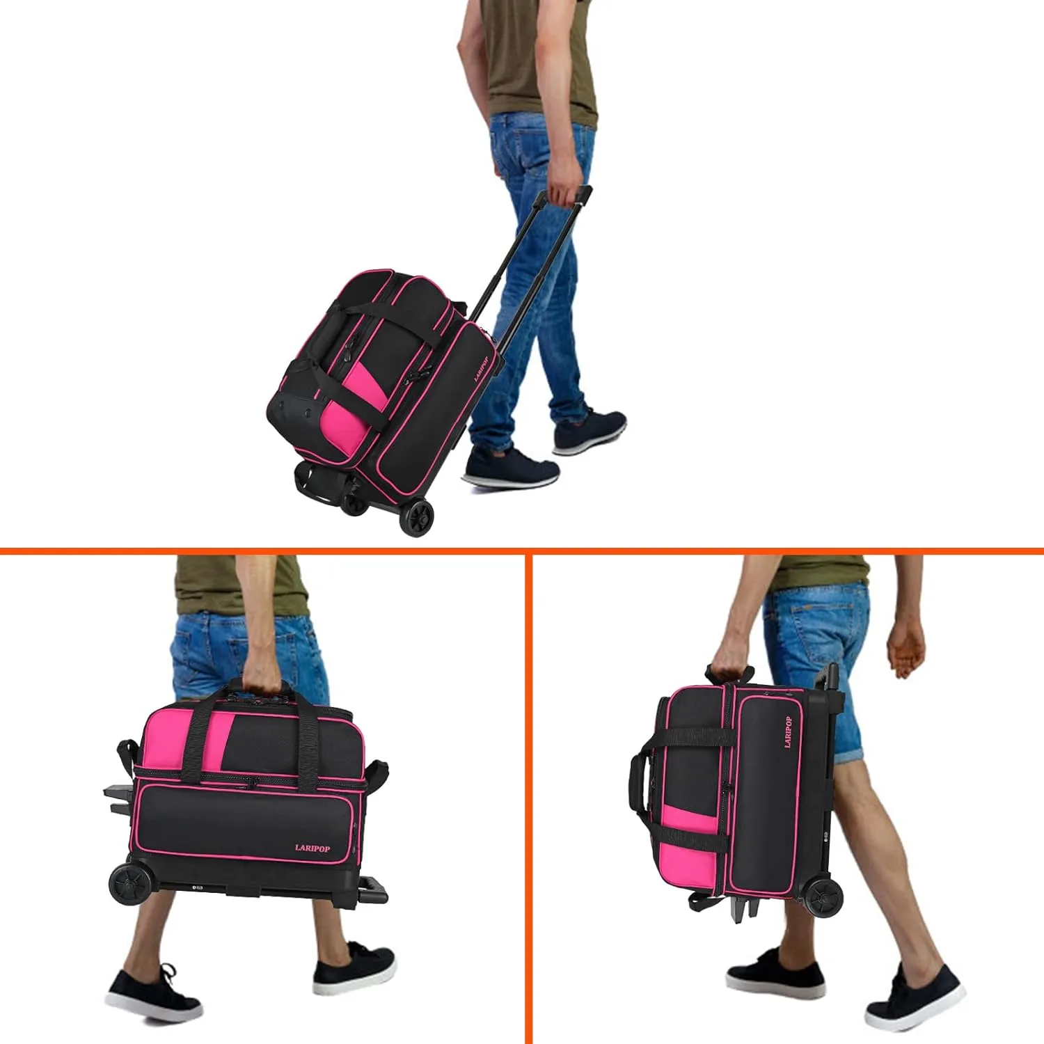 Dual Roller 2-Ball Bowling Bag, Featuring a Separate Large Shoe Compartment Capable, a 3-Section Telescopic Handle that Extends Up to 40"
