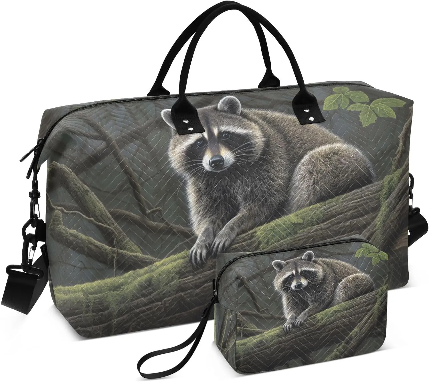 Duffel Bag Set for Travel Gym Sport, Weekender Bag Carry on Overnight Bags for Women Men-Raccoon on Tree Print