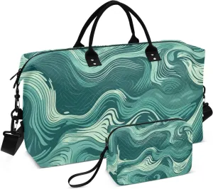 Duffel Bag Set with Toiletry Bag for Travel Gym Sport, Luggage Sleeve Weekender Bag Carry on Overnight Bag-Fluid Green Print