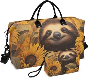 Duffel Bag Set with Toiletry Bag for Travel Gym Sport, Luggage Sleeve Weekender Bag Carry on Overnight Bag-Sloth Sunflower Print