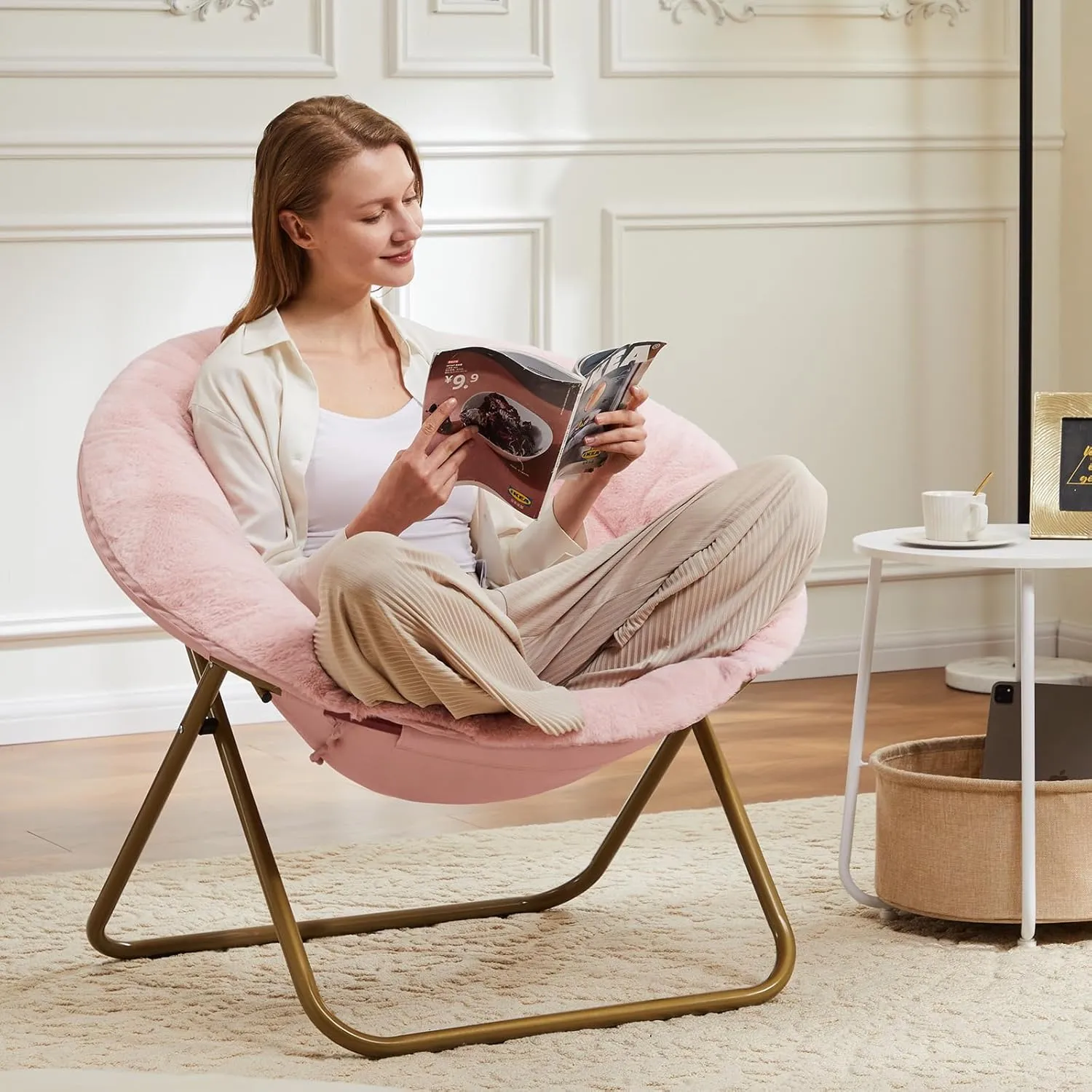 DUMOS Comfy Saucer Chairs Cozy Faux Fur Soft Lounge Cute Folding Bedroom Living Room Seat Flexible Reading Foldable Seating for Kids Adults Thick Padded Metal Frame Modern for Home Office Pink