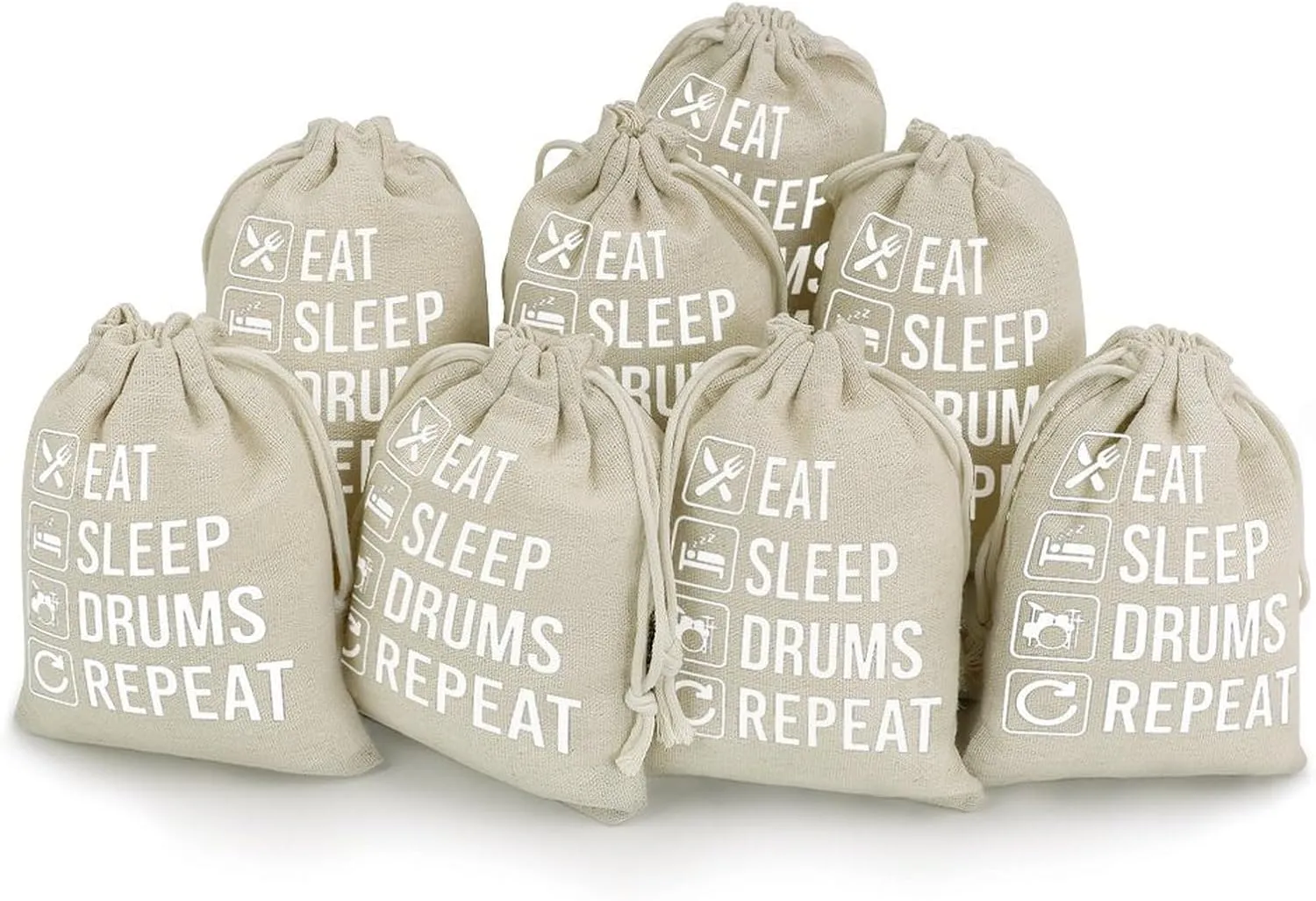 EAT Sleep Drum Repeat 8 Pack Small Gift Bags Drawstrings Storage Bags Cotton and Linen Pouches Pocket for Wedding Birthday Party