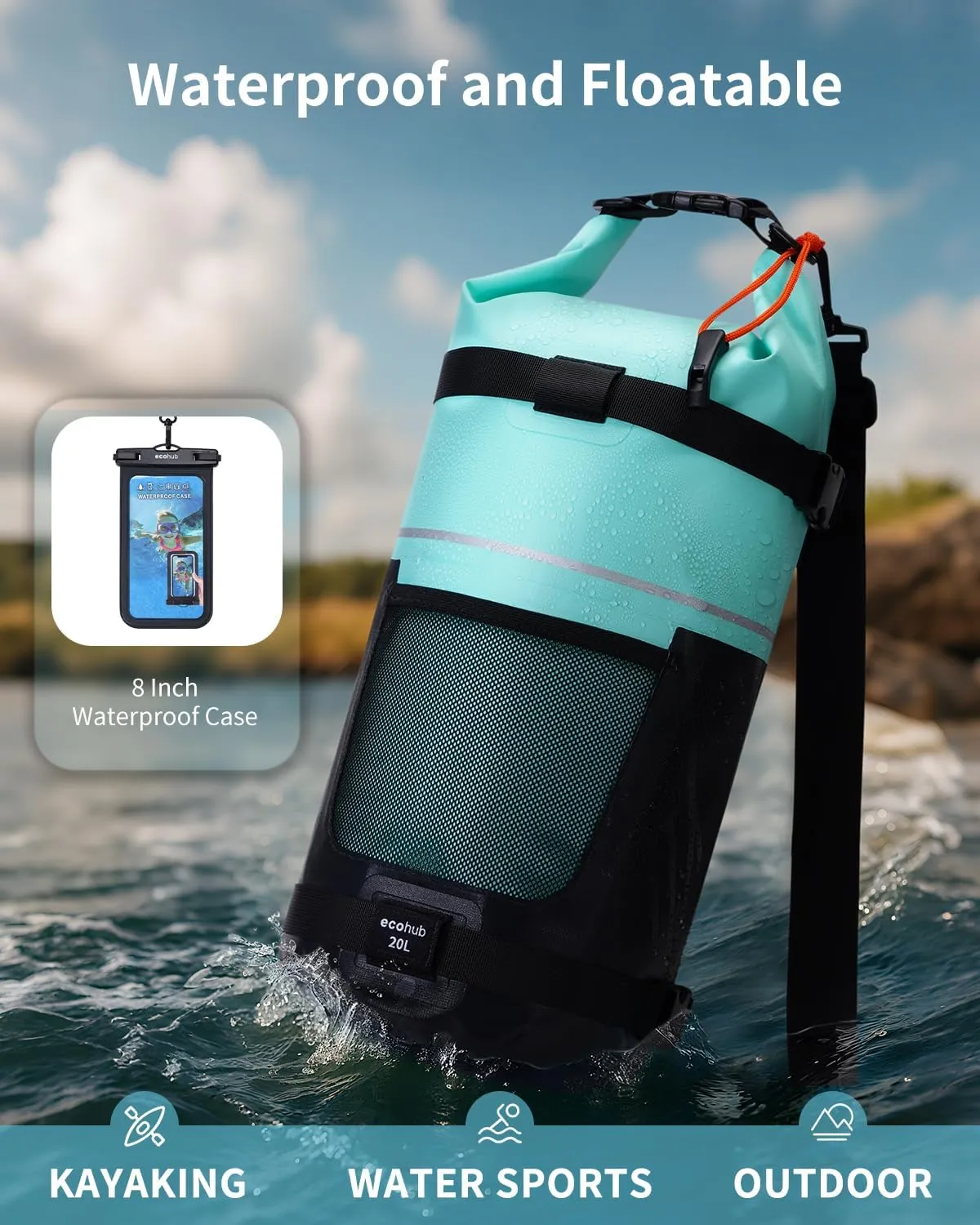 ECOHUB Waterproof Dry Bag for Women Men, 5L/10L/20L Roll Top Lightweight Dry Storage Bag Backpack for Travel Kayaking Hiking Floating with Waterproof Phone Case