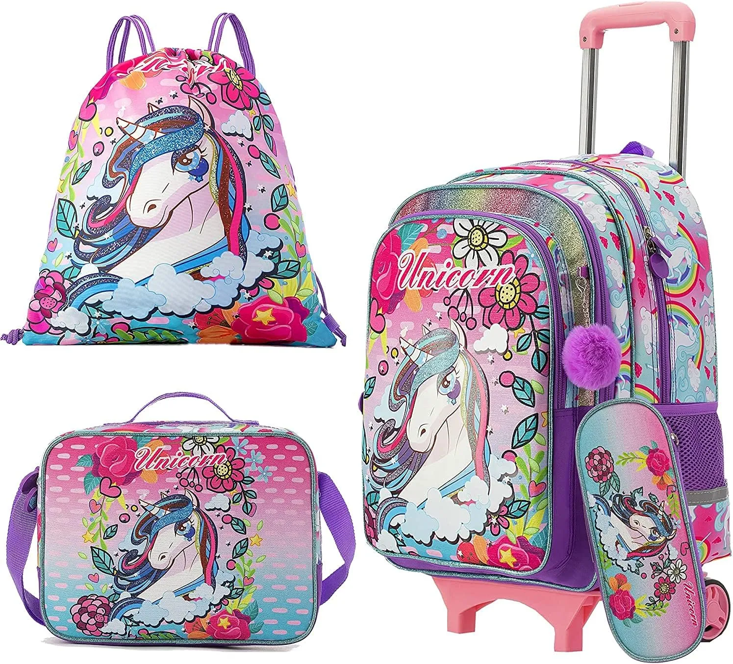 Egchescebo Kids Rolling School Backpack Bags for Girls With Wheels Trolley Roller Wheeled 5PCS With Lunch Box Cute Unicorn Pattern Rolling Backpacks Bags Girls Pink