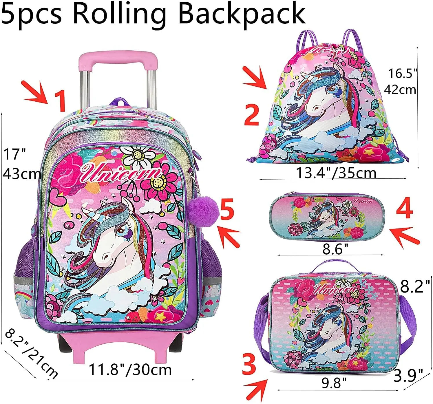 Egchescebo Kids Rolling School Backpack Bags for Girls With Wheels Trolley Roller Wheeled 5PCS With Lunch Box Cute Unicorn Pattern Rolling Backpacks Bags Girls Pink