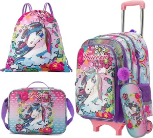 Egchescebo Kids Rolling School Backpack Bags for Girls With Wheels Trolley Roller Wheeled 5PCS With Lunch Box Cute Unicorn Pattern Rolling Backpacks Bags Girls Pink