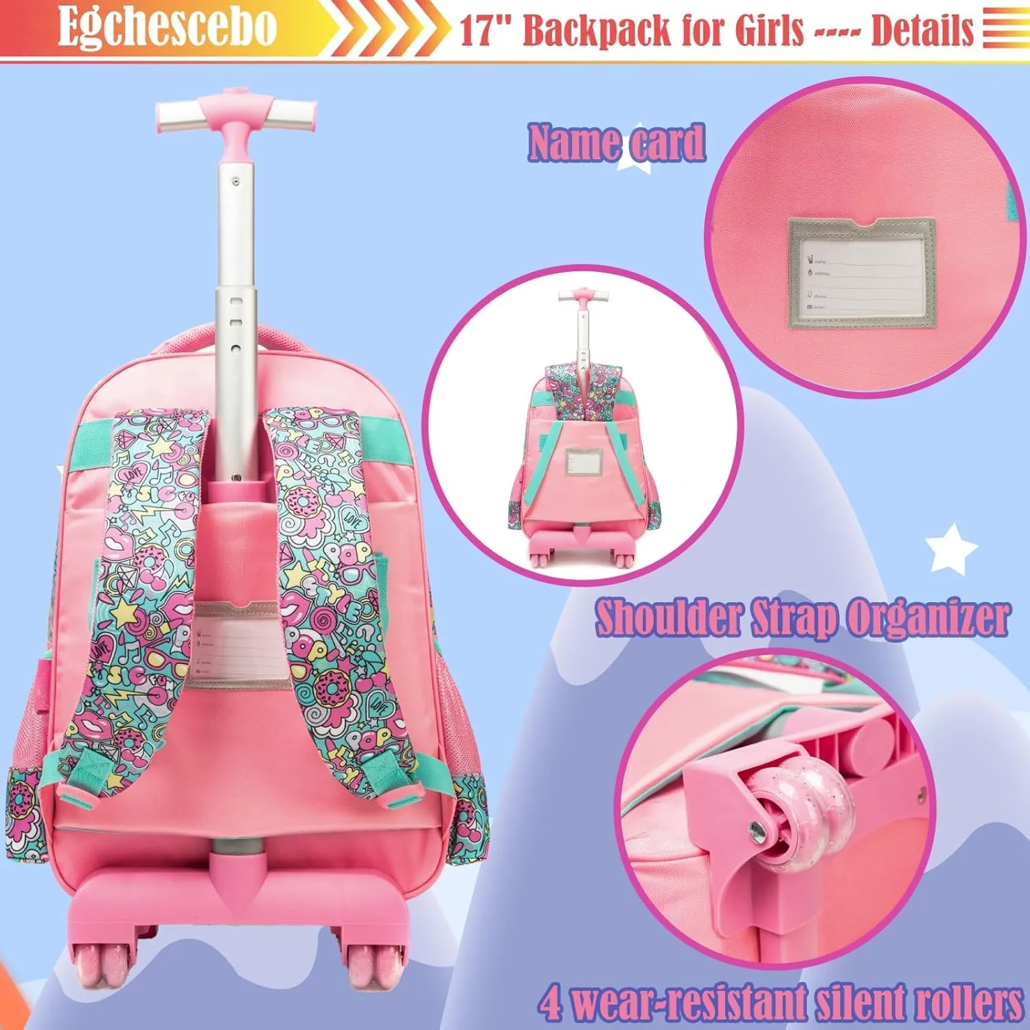 Egchescebo School Kids Rolling Backpack for Boys 17" Multiple Function Pockets