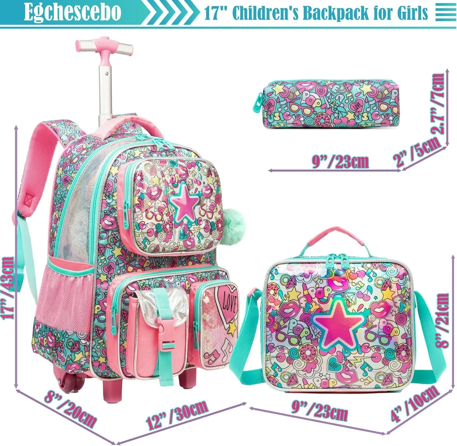 Egchescebo School Kids Rolling Backpack for Boys 17" Multiple Function Pockets