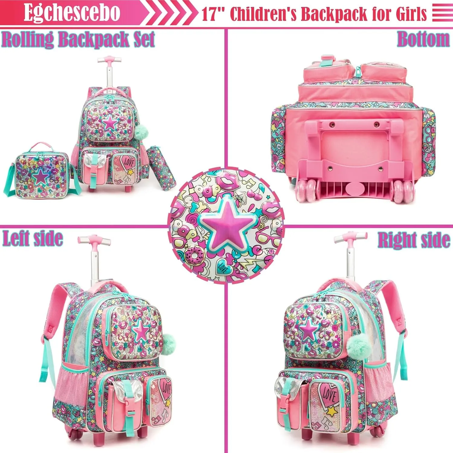 Egchescebo School Kids Rolling Backpack for Boys 17" Multiple Function Pockets