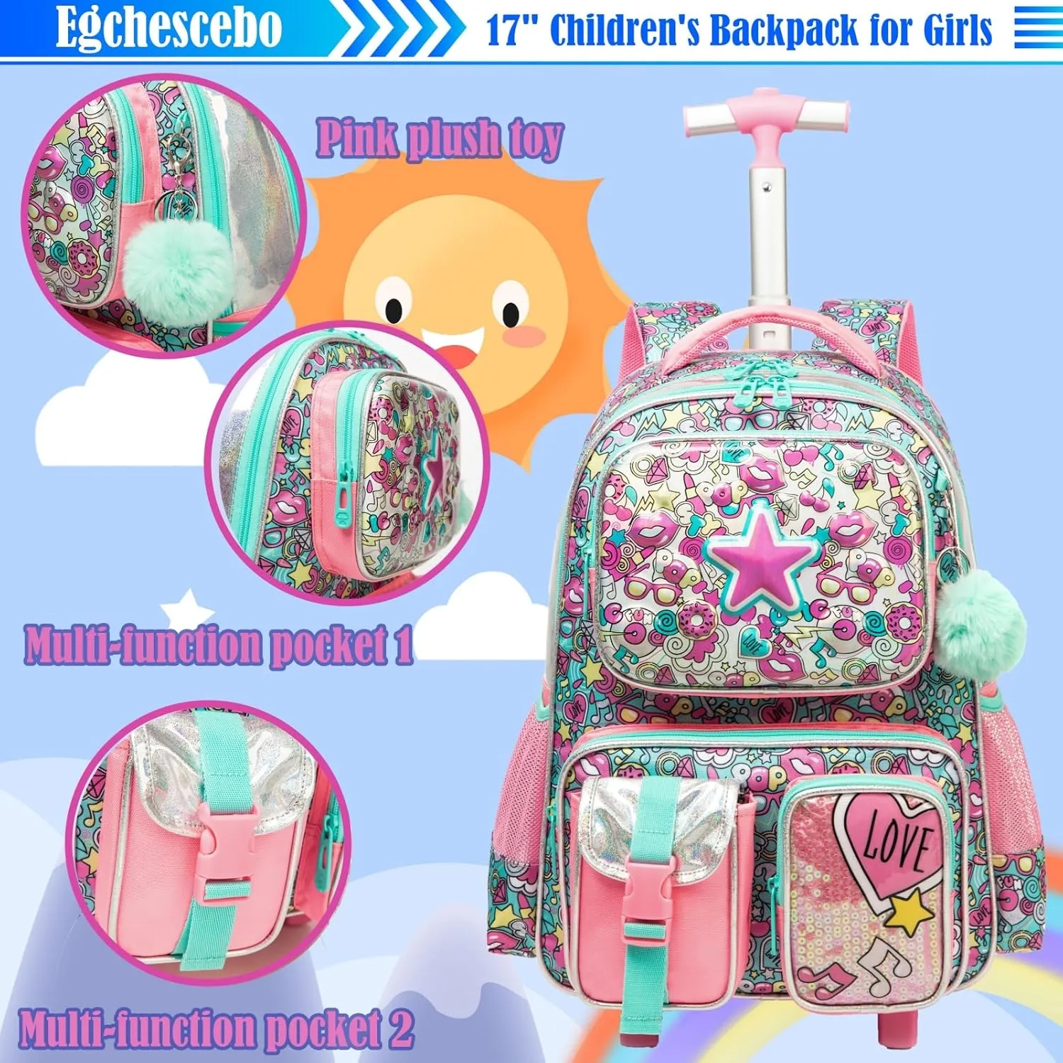 Egchescebo School Kids Rolling Backpack for Boys 17" Multiple Function Pockets