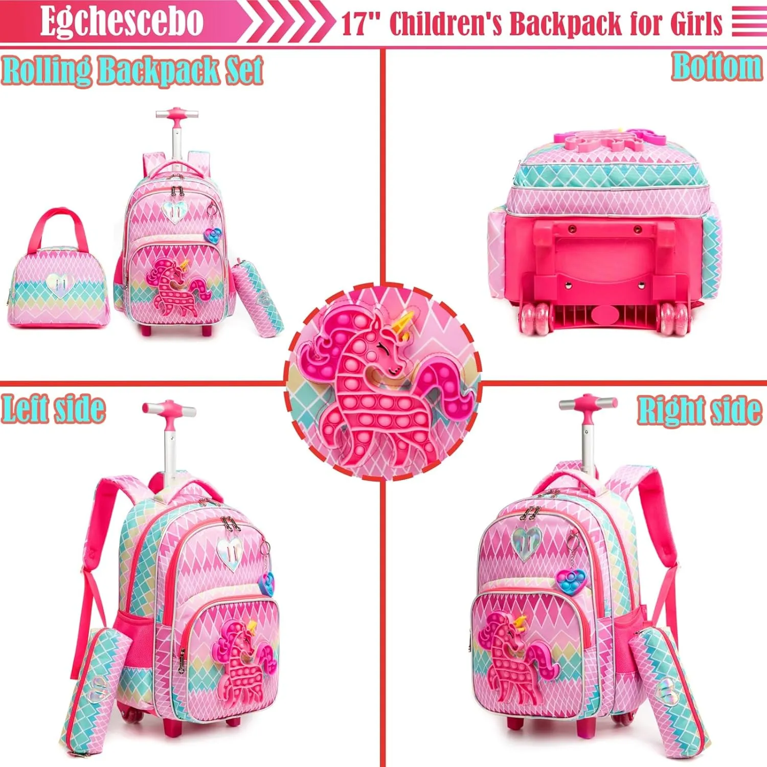 Egchescebo School Kids Rolling Backpack for Girls With Wheels Trolley Wheeled Backpack