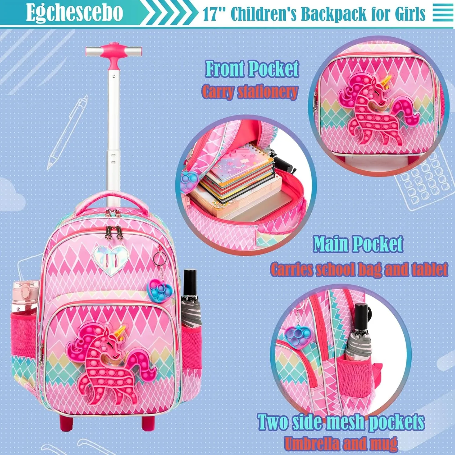Egchescebo School Kids Rolling Backpack for Girls With Wheels Trolley Wheeled Backpack