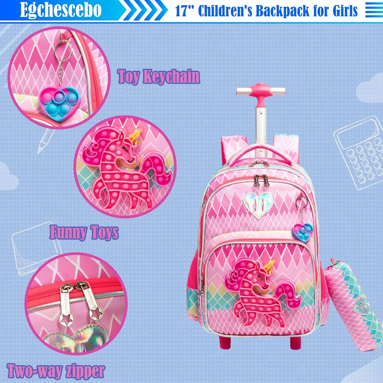 Egchescebo School Kids Rolling Backpack for Girls With Wheels Trolley Wheeled Backpack