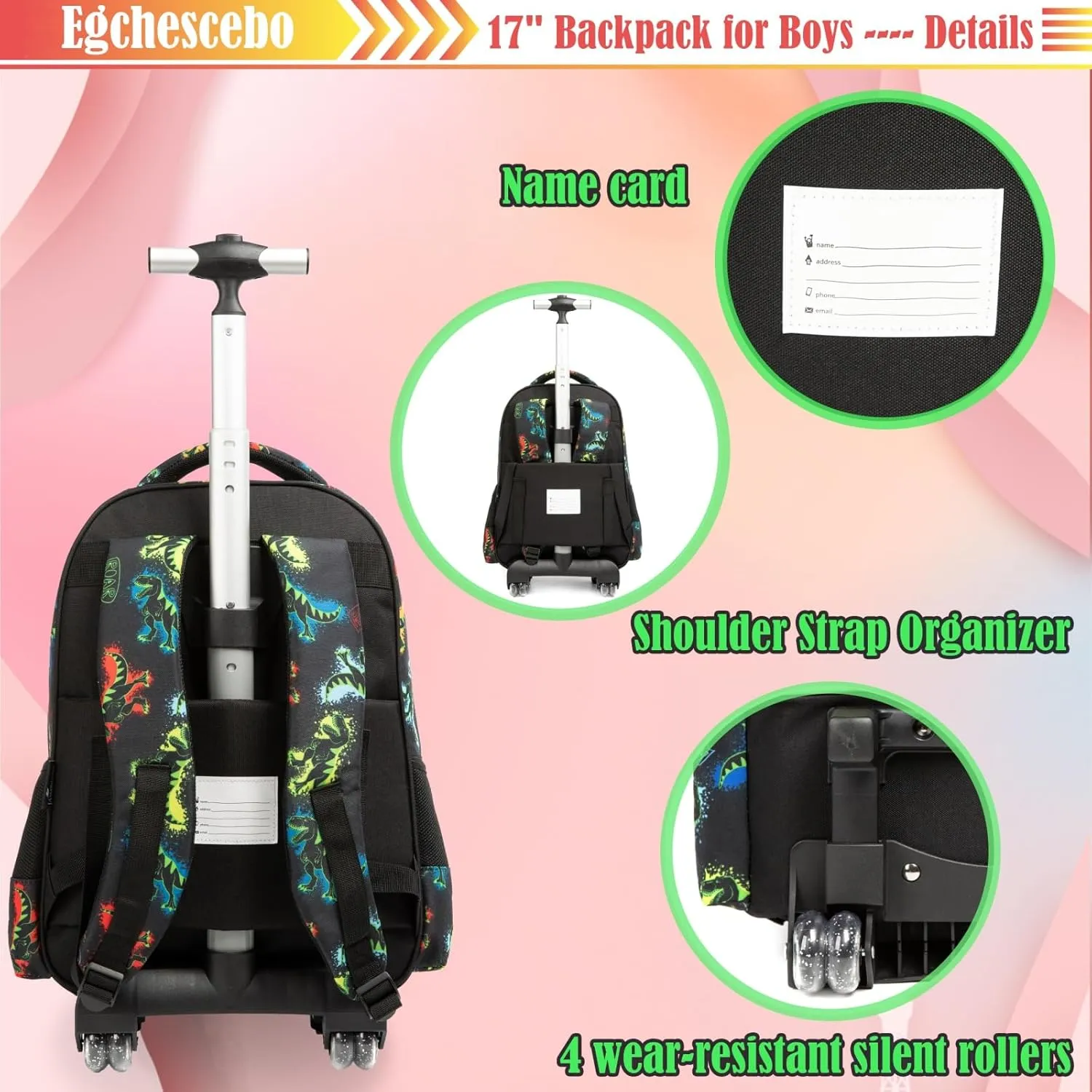 Egchescebo School Kids Rolling Backpack for Girls With Wheels Trolley Wheeled Backpack