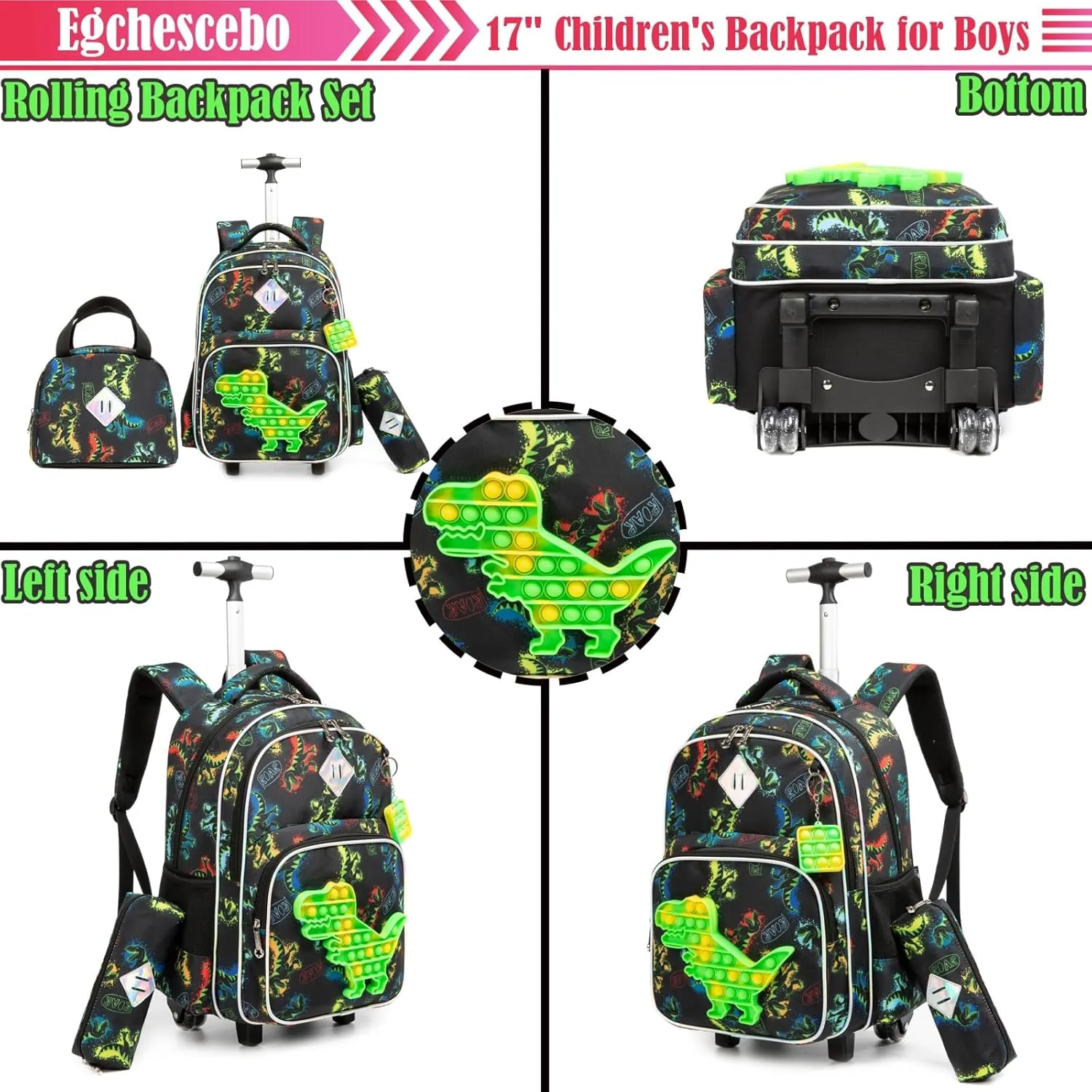 Egchescebo School Kids Rolling Backpack for Girls With Wheels Trolley Wheeled Backpack