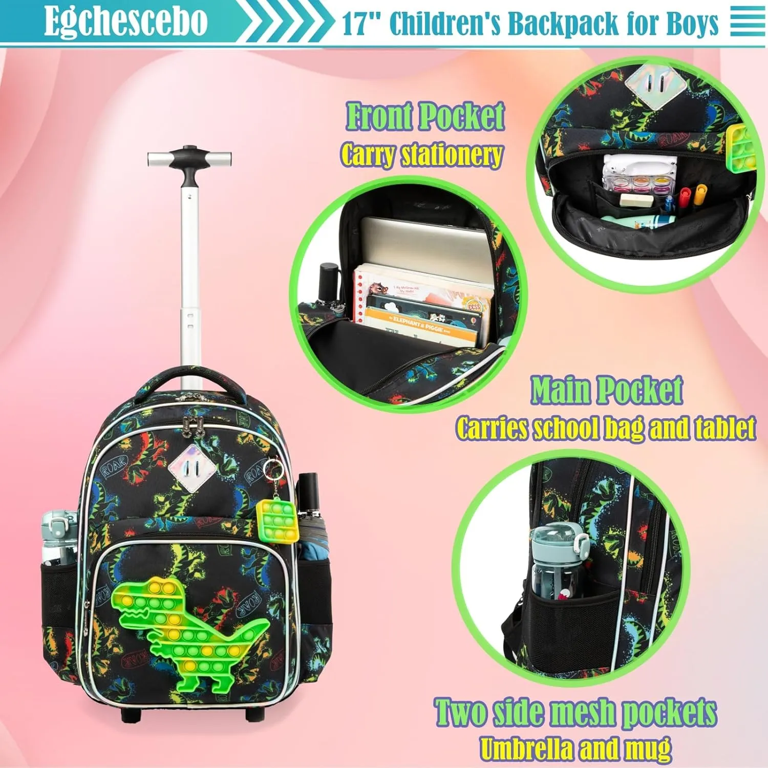Egchescebo School Kids Rolling Backpack for Girls With Wheels Trolley Wheeled Backpack