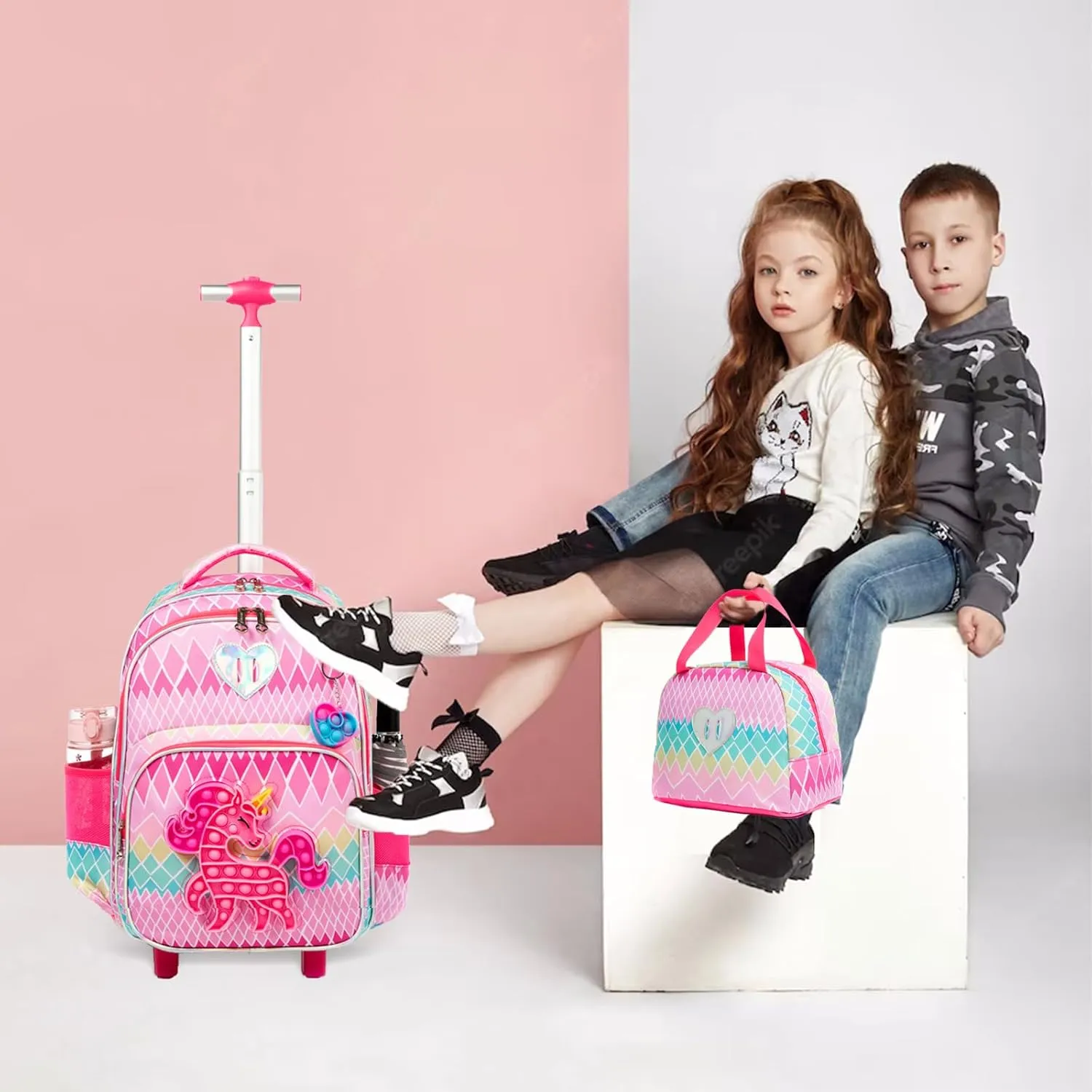 Egchescebo School Kids Rolling Backpack for Girls With Wheels Trolley Wheeled Backpack