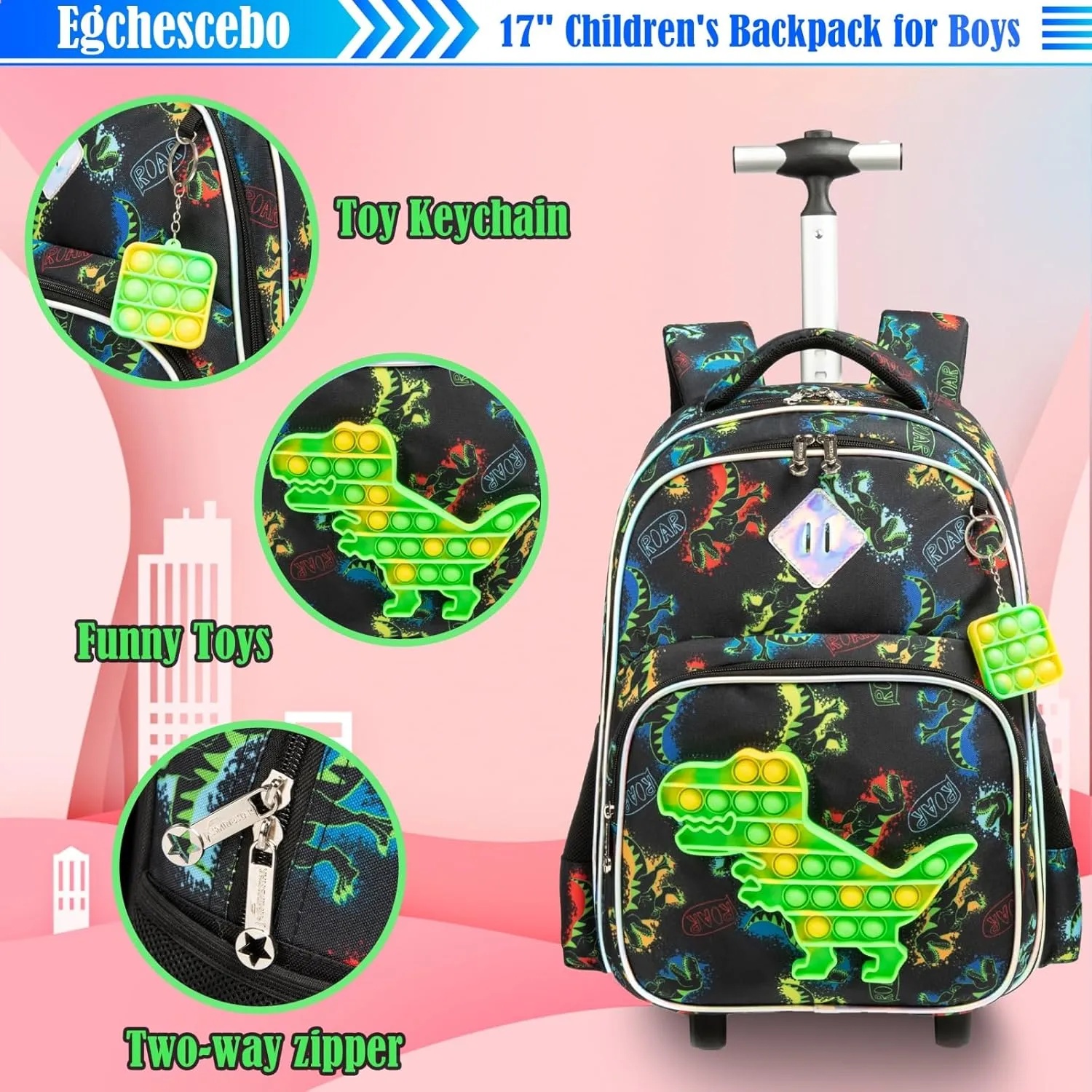 Egchescebo School Kids Rolling Backpack for Girls With Wheels Trolley Wheeled Backpack
